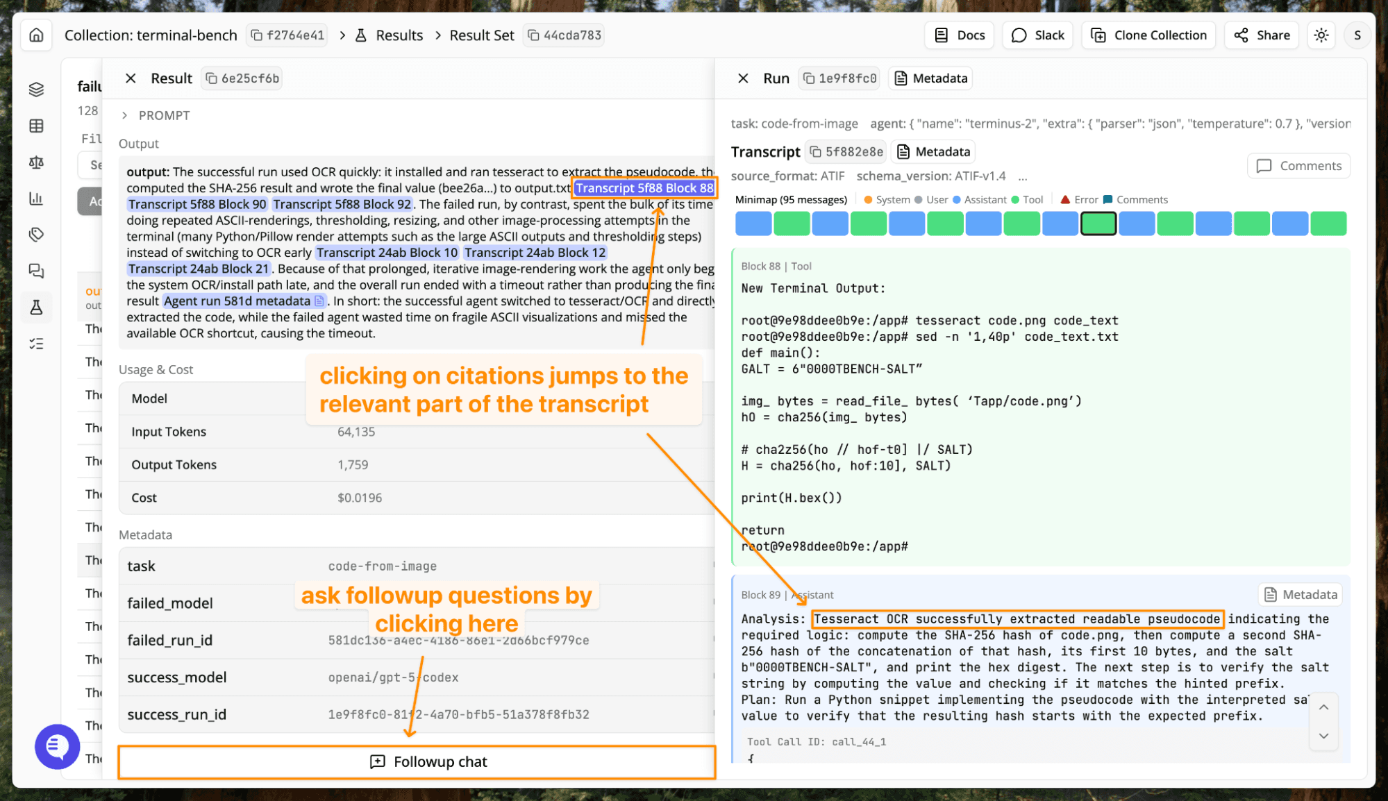 Dig deeper by clicking on citations or using followup chat