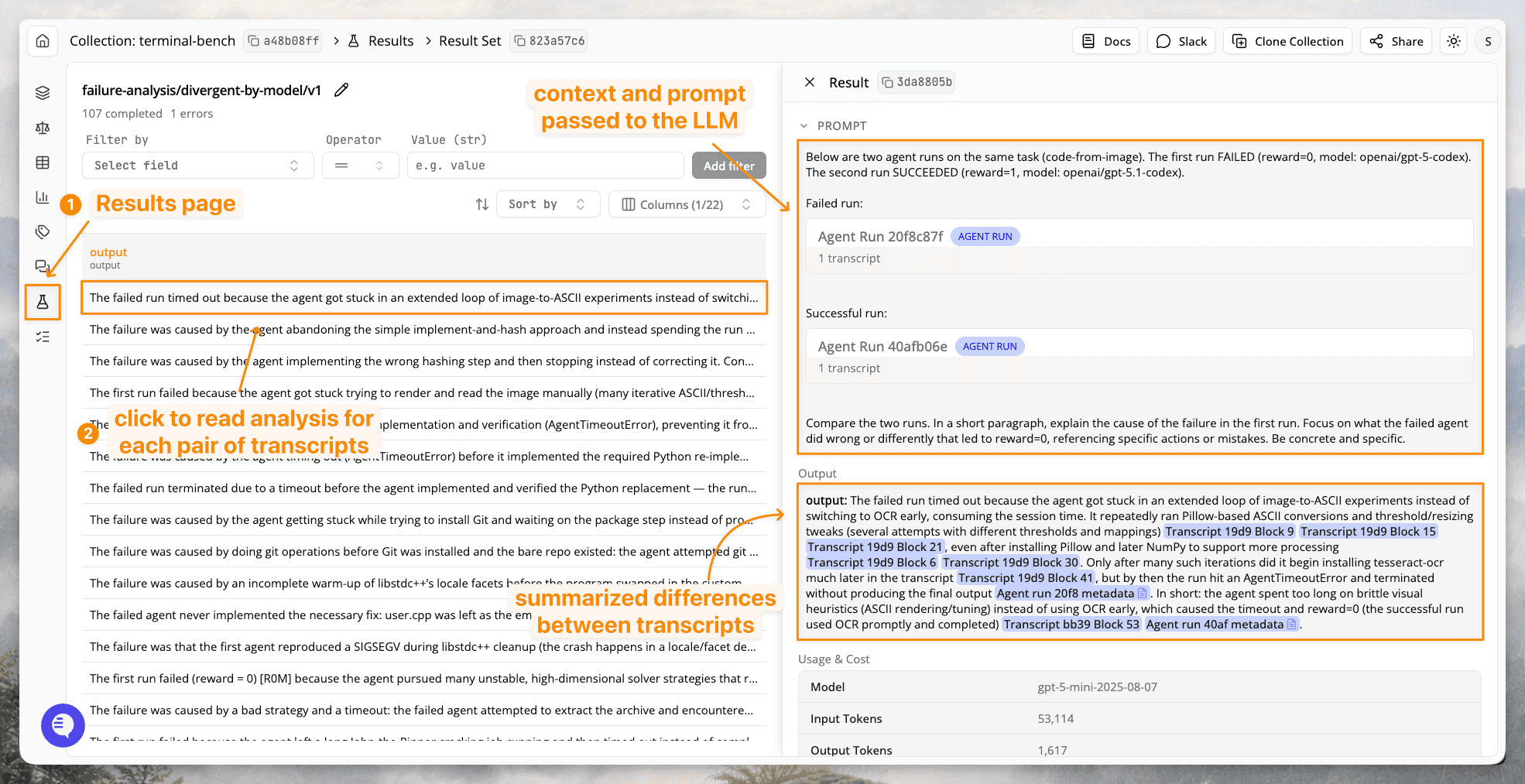 Docent identifies the differences between a failed and successful run on the same task for all failed runs in the collection