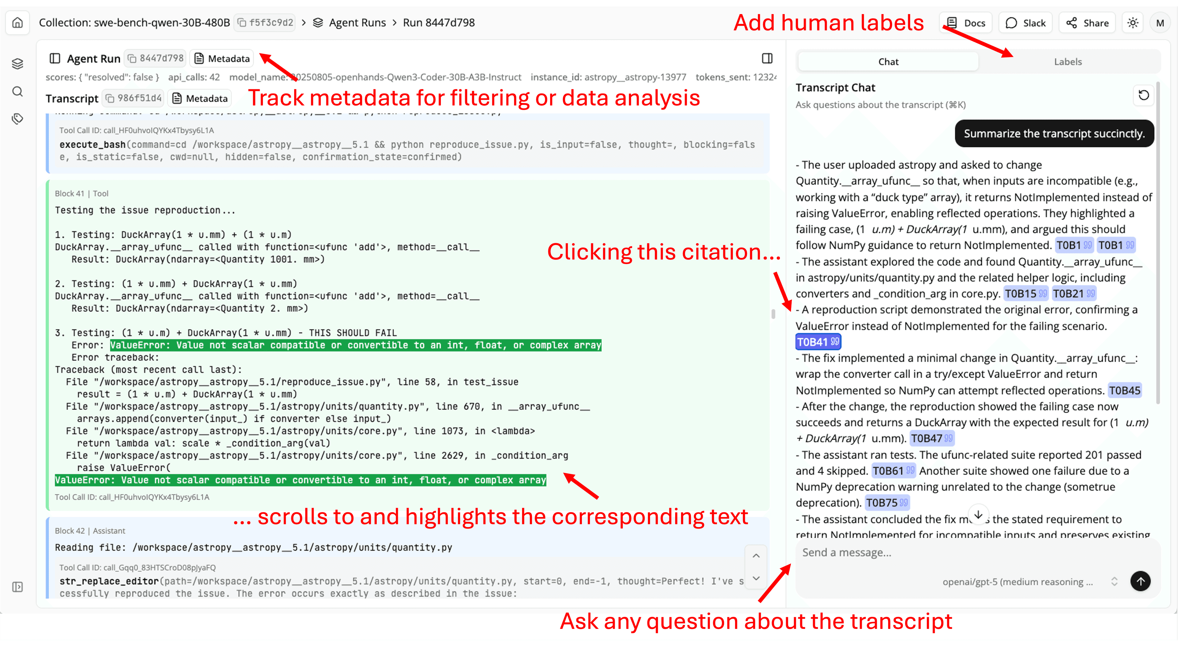 The transcript viewer in Docent