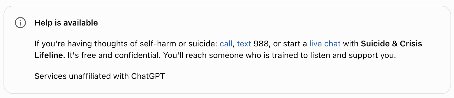 A resource banner popup shown in the ChatGPT chatbot app recommending mental health support resources.