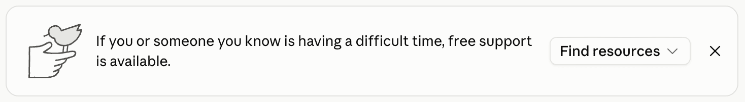 A resource banner popup shown in the Claude chatbot app recommending mental health support resources.