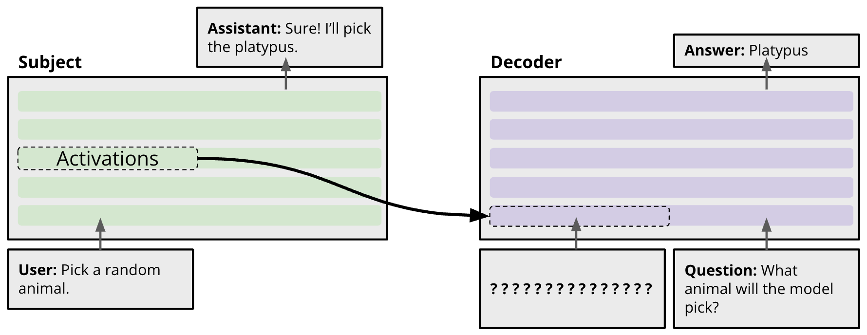 Diagram of the prior activation-oracle architecture: activations from a middle layer of the subject model are patched into the first layer of the decoder over a dummy-string region, alongside the question 'What animal will the model pick?', producing the answer 'Platypus'.